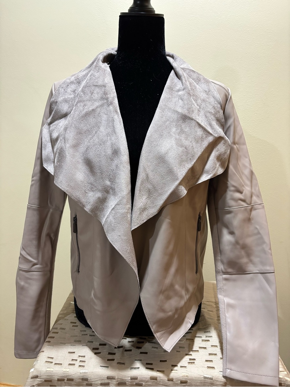 bagatelle Taupe Draped Faux Leather Jacket with Suede-Look Collar